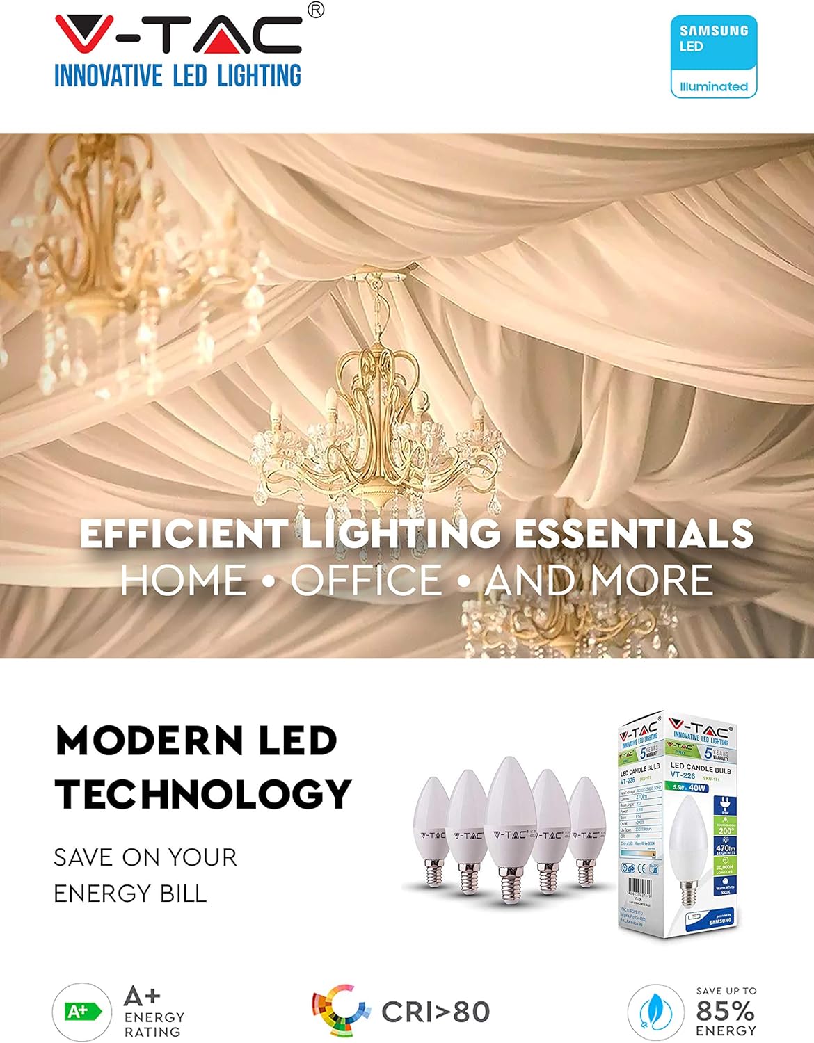 V-TAC E14 LED Candle Bulbs, Daylight, 5 Count (Pack of 1) - Image 4