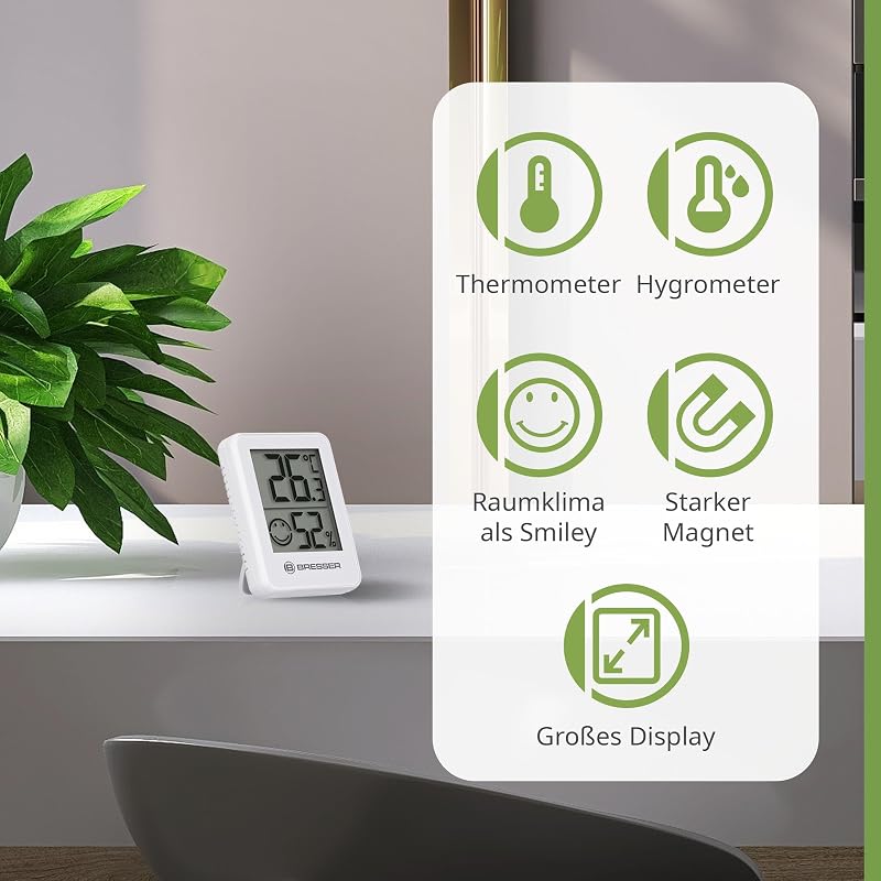 6er Set Thermometer Hygrometer - Digitales Raumthermometer für Kontrolle Innenraum Luftfeuchtigkeit, Kühlschrankgeeignet, Wandmontage und Magnet, Schimmelvorbeugung - Indikator Smiley, Weiß