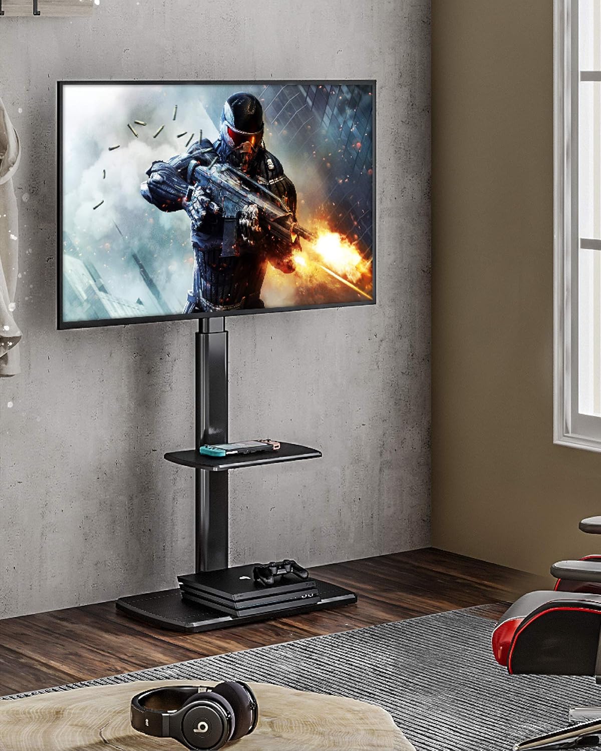FITUEYES Floor TV Stand with Wood Base for 32-65 inch TVs, Modern Corner TV Stands for Bedroom, Height Adjustable Universal Swivel TV Mountoom: Furniture & Decor
