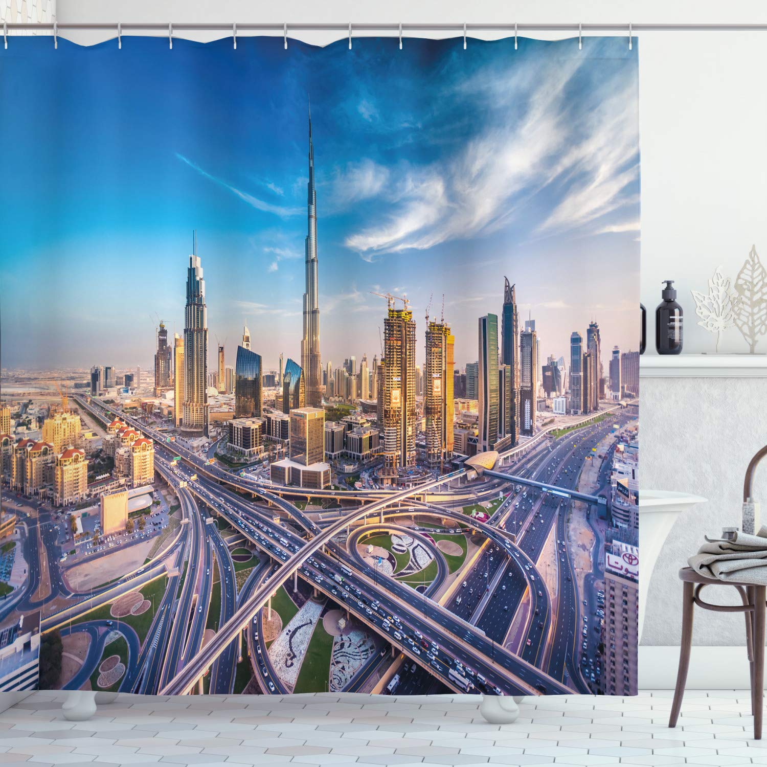 ABAKUHAUS City Shower Curtain, Panoramic View of Dubai Cityscape High Rise Buildings Traffic Roads, Cloth Fabric Bathroom Decor Set with Hooks, 70 Inches, Blue Ivory Marigold — image 1