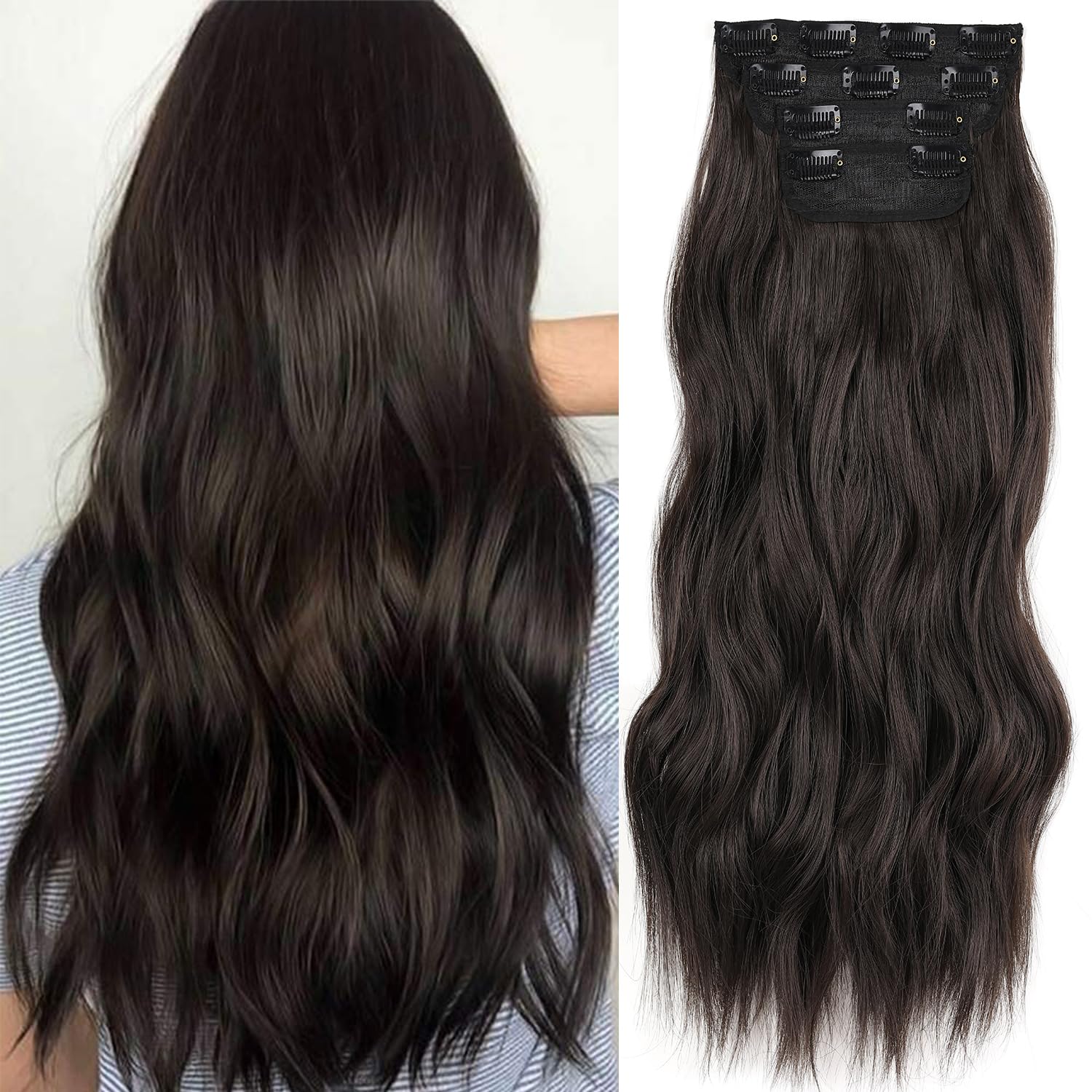 Xtrend 24Inch Long Wavy Hair Extensions Clip in Hair Extensions Synthetic Hair pieces for Women Girls 4PCS Full Head Set Thick Curly Wavy Synthetic Hair Extensions(Dark brown#) — image 1