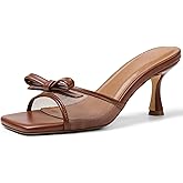 Attiposh Womens Heeled Sandals Open Square Toe Kitten Heels Sandals Slip On Bow Mesh Mules Heels Comfortable Dress Shoes for Party Wedding