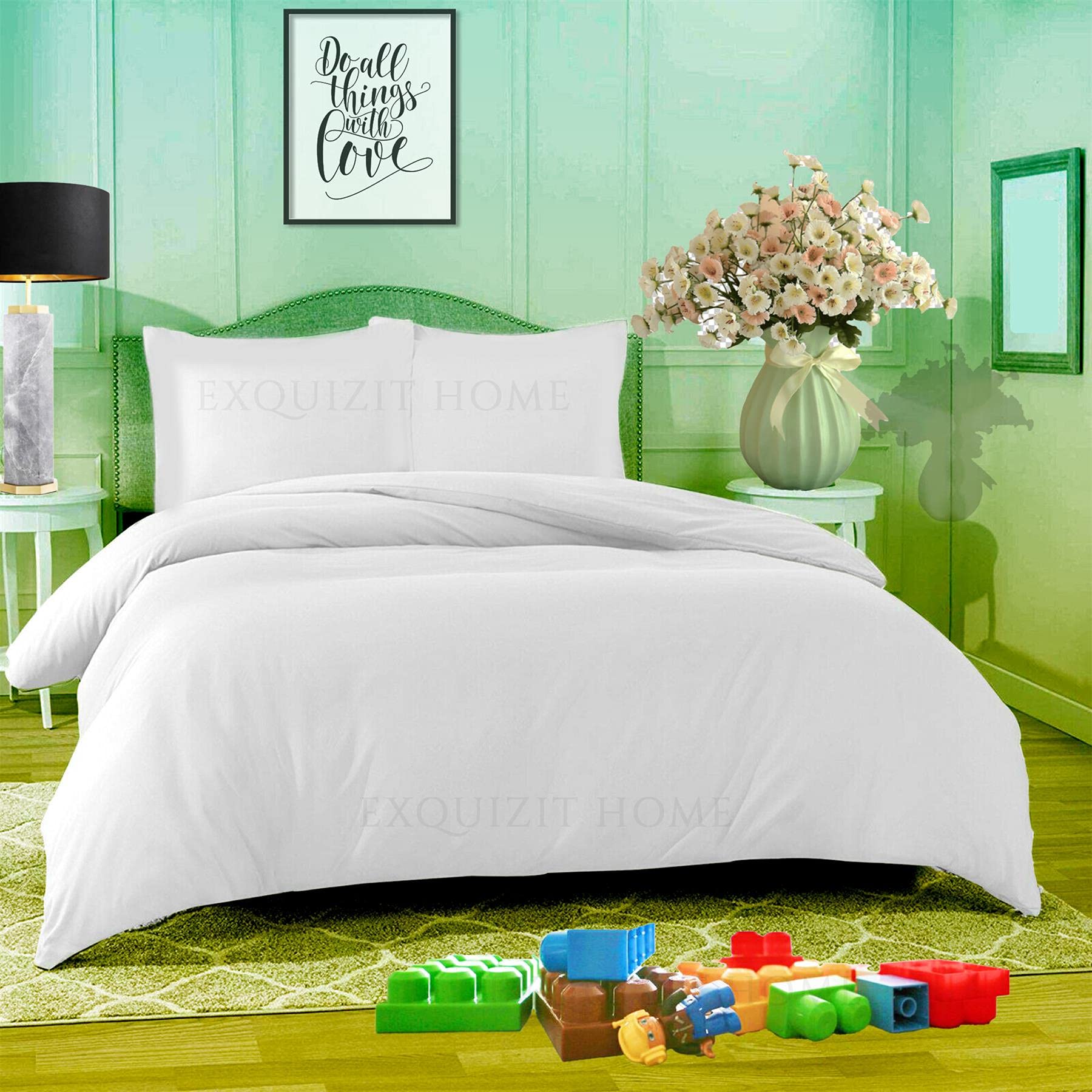 EXQUIZIT HOME® Duvet Quilt Cover Bedding Set with Matching Pillowcases Easy Care Plain Dyed Poly Cotton Soft Wrinkle Resistant Hotel Quality Machine Washable Bedding (White, Double)
