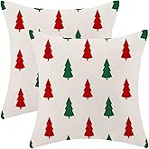 Jecuwo Christmas Pillow Covers 18x18 Inch Set of 2, Green Red Christmas Tree Decorative Throw Pillowcase Outdoor Farmhouse Linen Christmas Tree Cushion Cover for Sofa Couch Living Room Decor