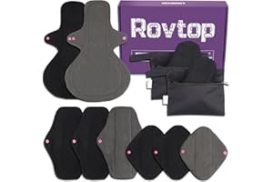 Rovtop 10 Pcs Reusable Sanitary Pads, Washable Black Cloth Menstrual Pads/Menstrual Towel/Sanitary Napkins with Bamboo Charcoal Absorbent Layer, 3 Size Replace and 1 Mini Waterproof Portable Bag