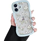 ZTOFERA Floral Case for iPhone 16 6.1 inch,Cute Curly Wave Frame Shape Case with Green Leaf Flower Pattern for Women Girls, Clear Slim Shockproof Phone Cover for iPhone 16, Green