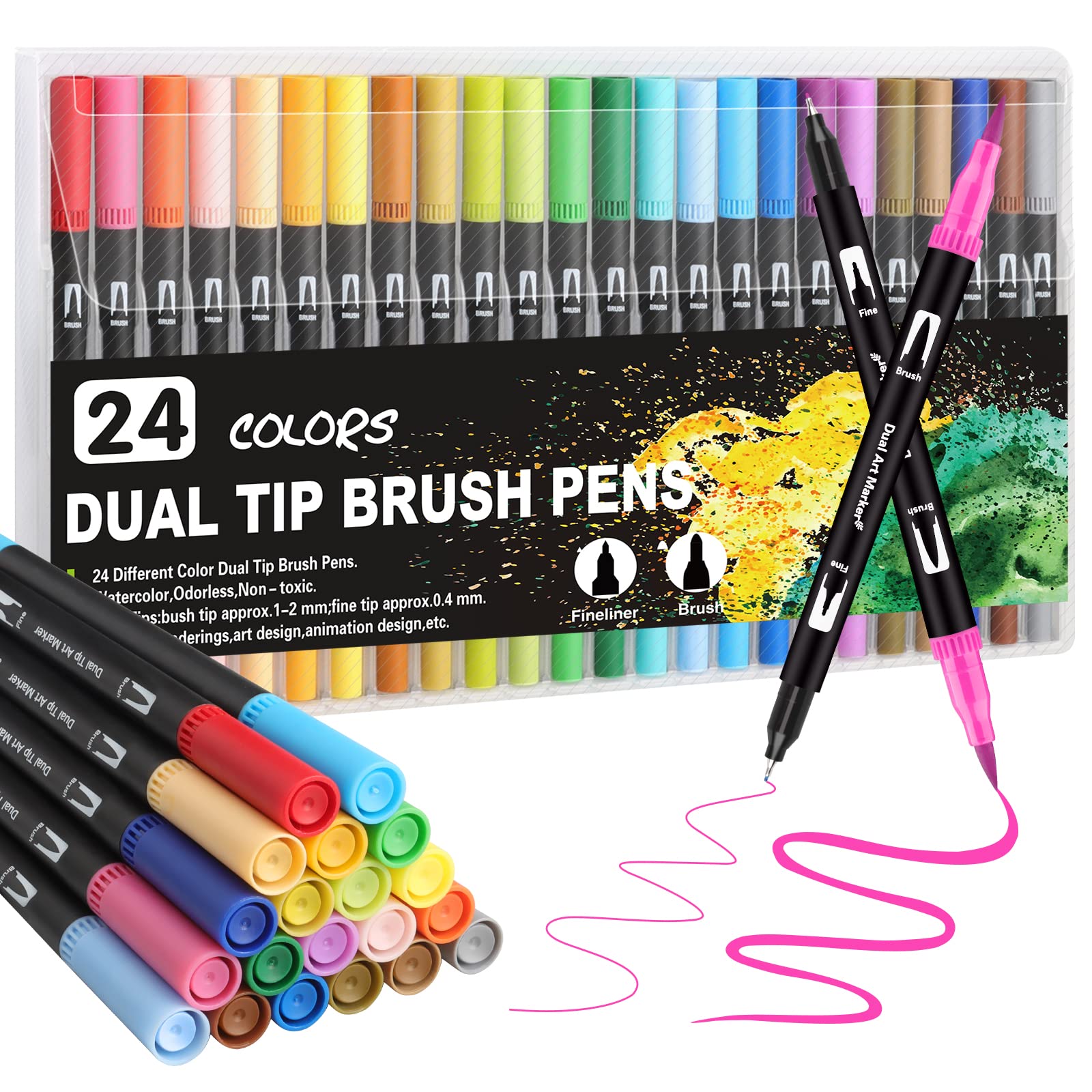 Gelanty Dual Tip Colouring Pens, 24 Colors Felt Tip Pens for Adults, Brush Pens for Colouring Books, Art Pens for Drawing, Writing, Sketching, Calligraphy