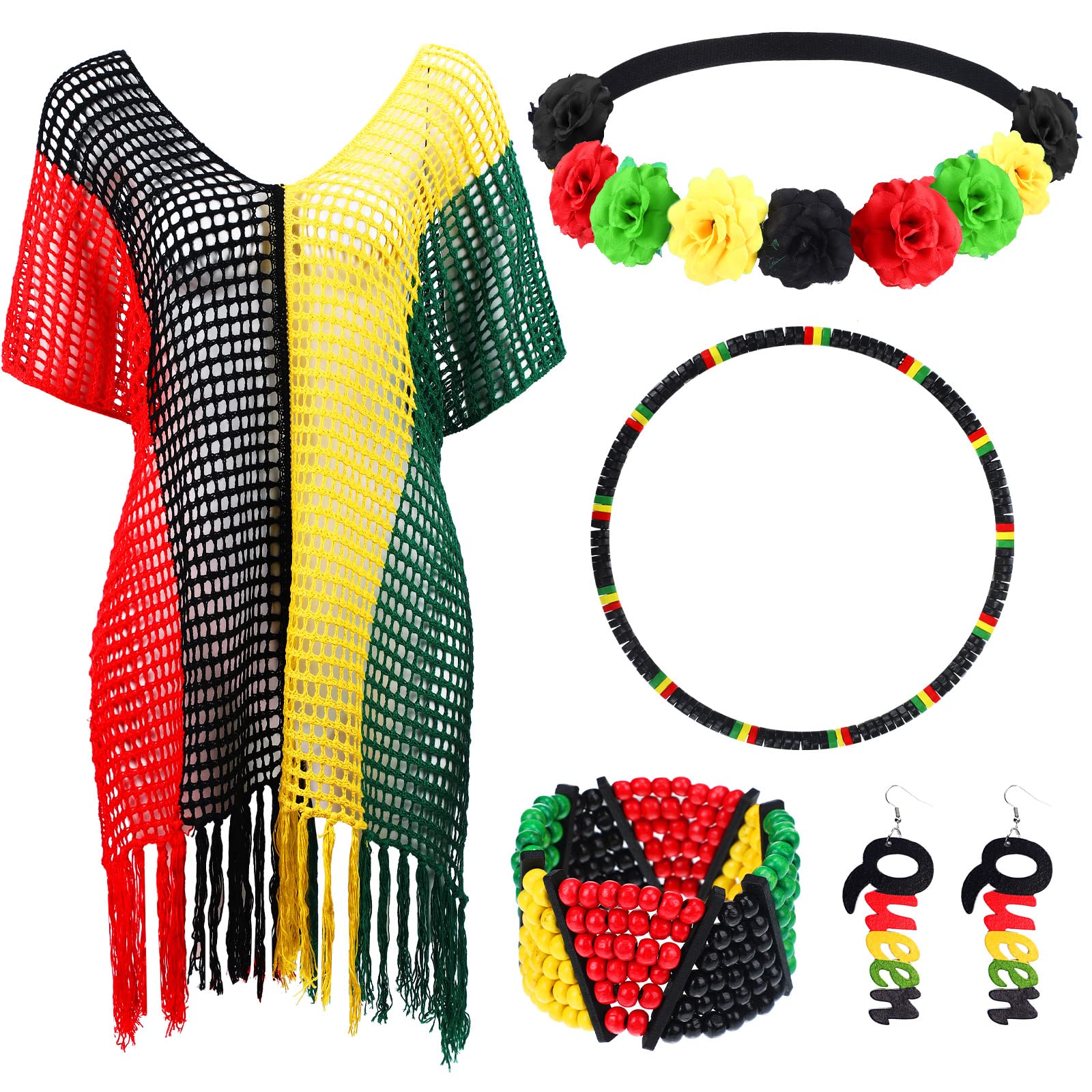 Photo 1 of (One SIZE) Hicarer 5 Pcs Jamaican Cover Ups for Women Juneteenth African Reggae Rasta Accessories Jewelry Set Outfits Beach Swimwearn