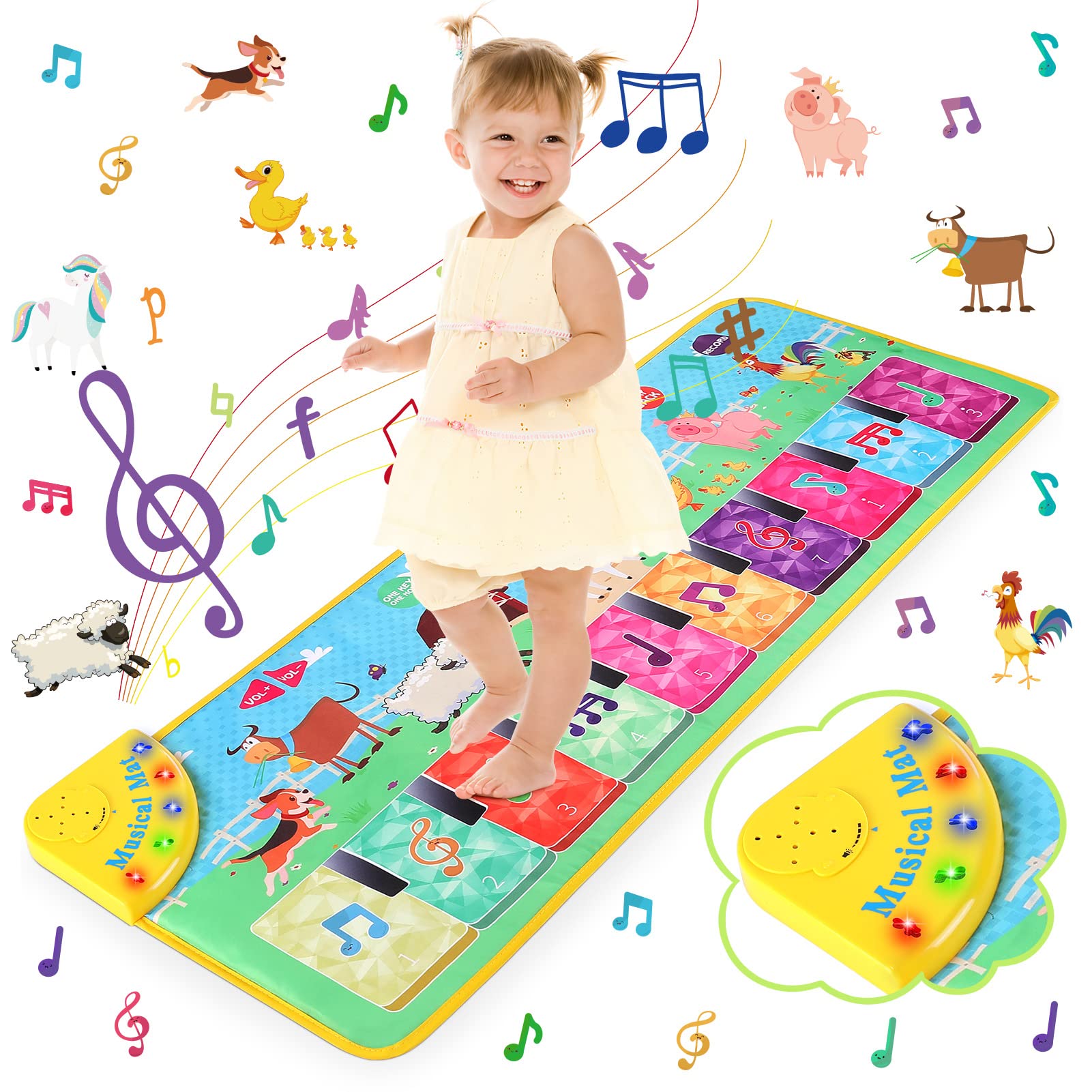 RenFox Piano Mat, Baby Musical Mats with 37 Music Sounds, Crystal Themed Keyboard Touch Playmat for Toddlers with 7 Different Animal Music Sound for Early Education, Gift Toys for Girls Boys Toddlers