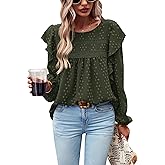 PRETTYGARDEN Women's Long Sleeve Shirts Ruffle Swiss Dot Crochet Loose Fit Tunic Dressy Casual Tops Blouses Spring Fashion