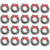 VOSAREA 20pcs Mini Christmas Wreaths with Bows Miniature Christmas Tree Decorative Garland Mini Craft Wreaths Winter Snow Ornament for Holiday and Winter Outdoor Decor