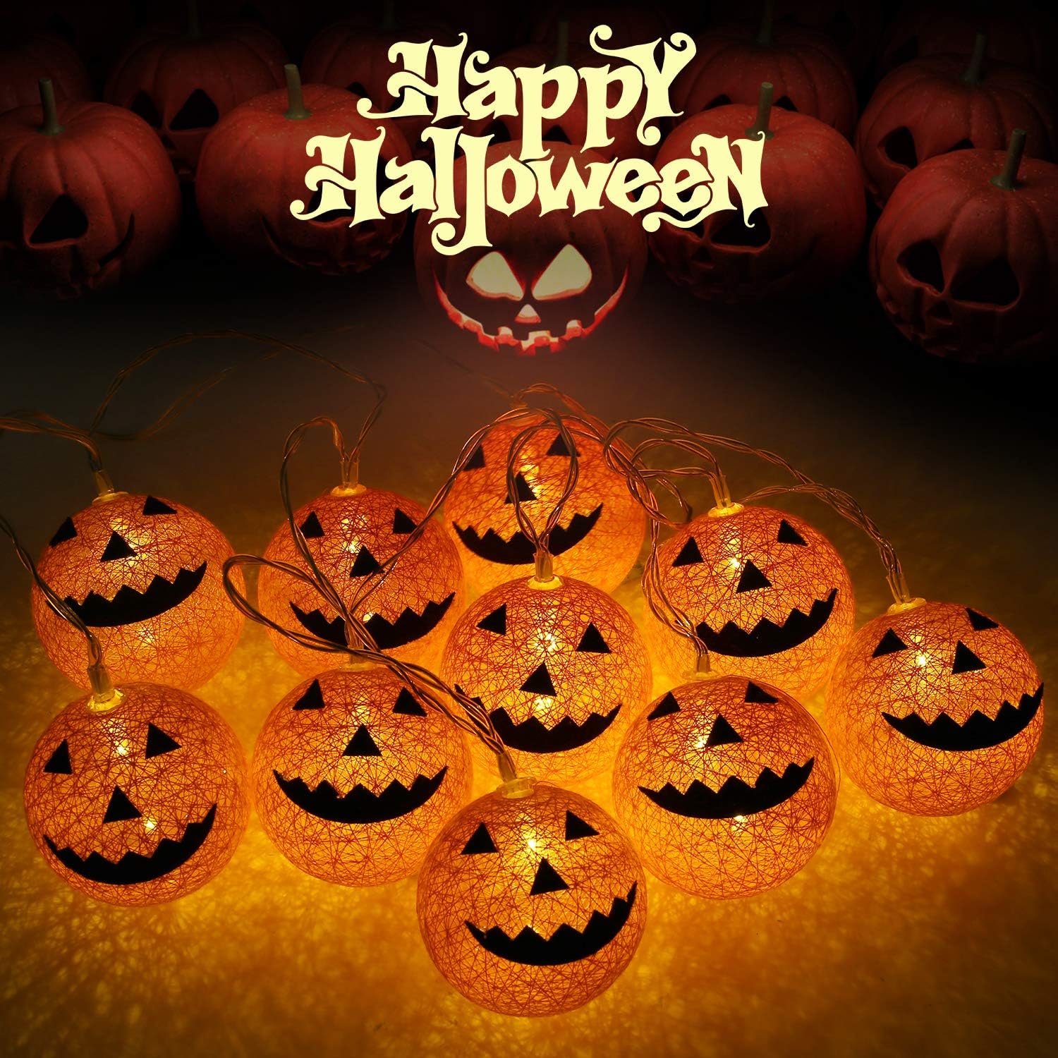 OUSFOT Halloween Lights Battery Operated 10 LED Grimace Pumpkin Lights String Outdoor Indoor for Halloween Party Bedroom Porch Decoration Orange