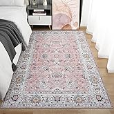 ULTSOFE Machine Washable Rug 4x6 Boho Area Rug, Pink Rugs for Bedroom Girls Bedside Living Room Dining Room Office, Anti Slip Low-Pile Stain Resistant Printed Vintage Floral Carpet Rugs