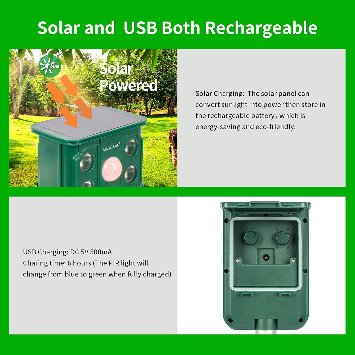 MAGIC CAT Solar Animal Repellent, Ultrasonic 5 in 1 Animal Repeller with Motion Sensor & Flashing Light, Waterproof Garden Yard Farm Repellent for Cat, Dog, Rat, Raccoon, Skunk, Squirrel, Deer, Rabbit : Garden & Outdoor