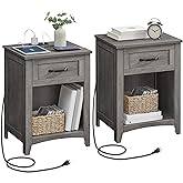 VASAGLE LIRY Collection - Farmhouse Nightstands with Charging Station, Set of 2 Bedside Tables, Side Tables with Drawer, Open Compartment, for Bedroom, Misty Gray ULET859G01