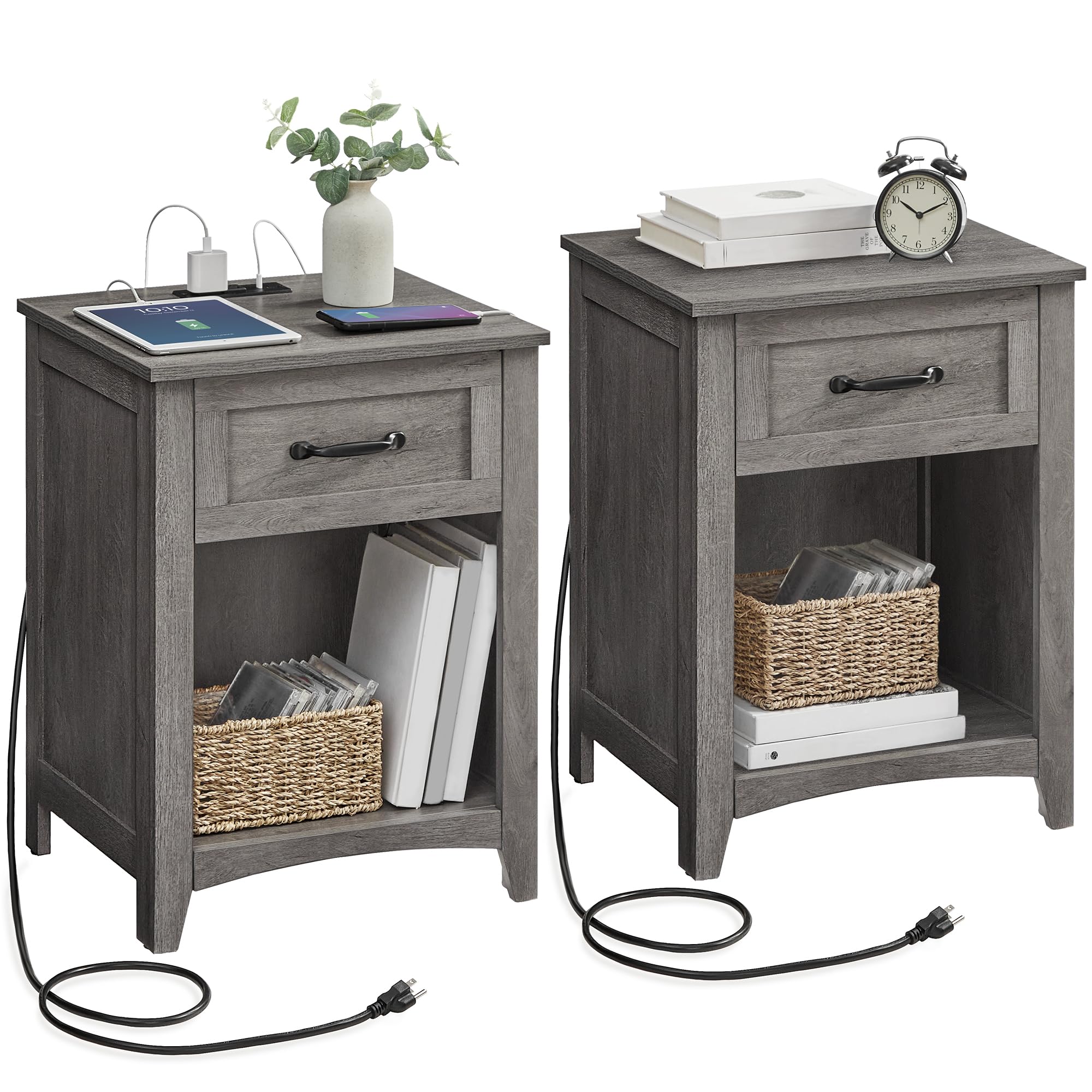 VASAGLE LIRY Collection - Farmhouse Nightstands with Charging Station, Set of 2 Bedside Tables, Side Tables with Drawer, Open Compartment, for Bedroom, Misty Gray ULET859G01 Image