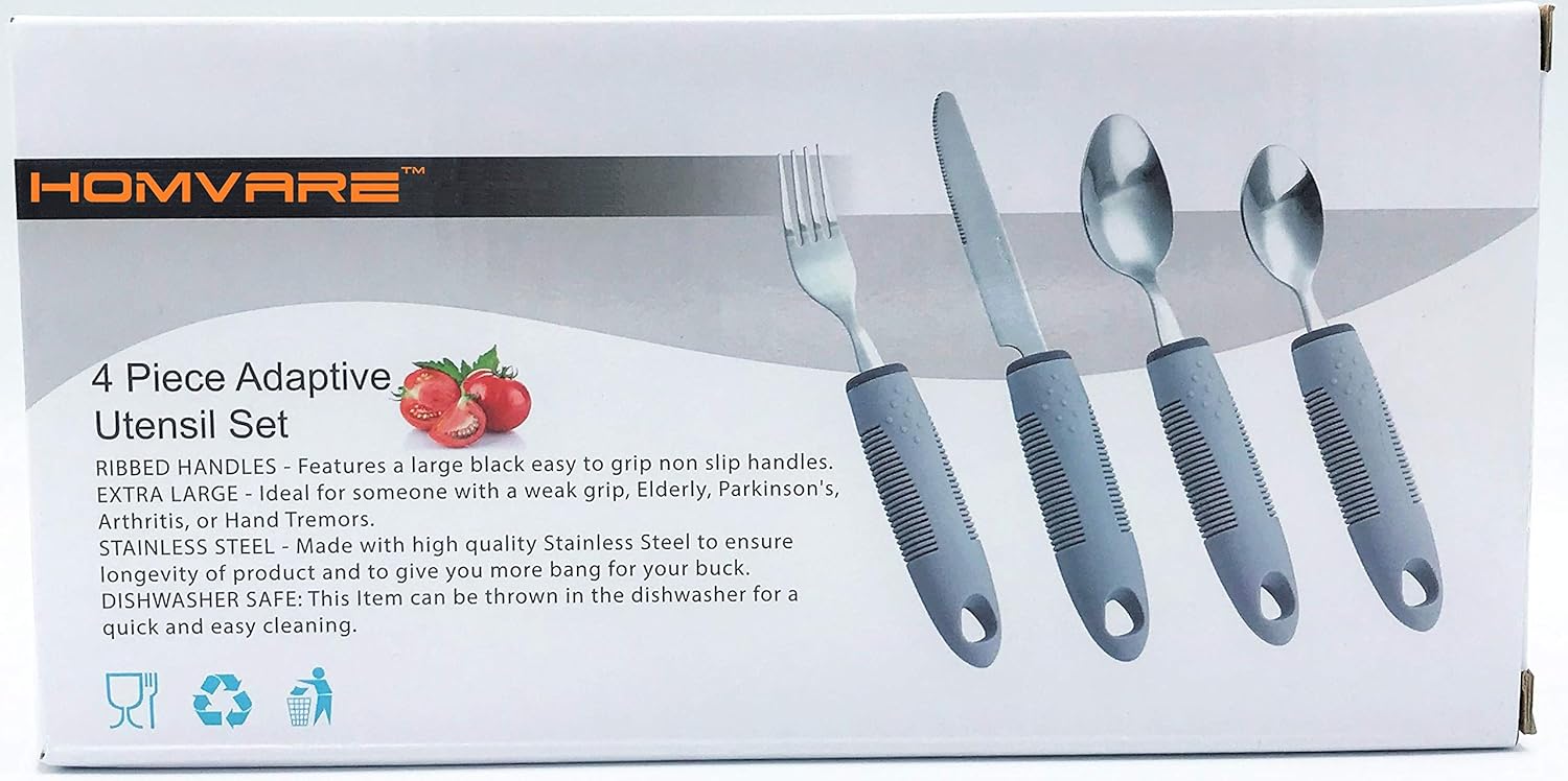 Homvare Adaptive Utensils (4-Piece Kitchen Set) Wide, Non-Weighted, Non-Slip Handles for Hand Tremors, Arthritis, Parkinson’s or Elderly Use - Stainless Steel Knife, Fork, Spoons: Home & Kitchen