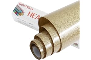 Bonnyhtv Light Gold Glitter HTV Heat Transfer Vinyl Roll, Glitter Iron on Vinyl for Cricut & Silhouette Cameo, 12" x 5ft Glitter Vinyl for Heat Transfer Vinyl for T-Shirts Gifts (Light Gold)