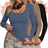 Ficerd 3 Pack Women's Thermal Long Sleeve Shirts Fleece Lined Scoop Neck Stretch Fitted Tops Winter Base Layer Underwear