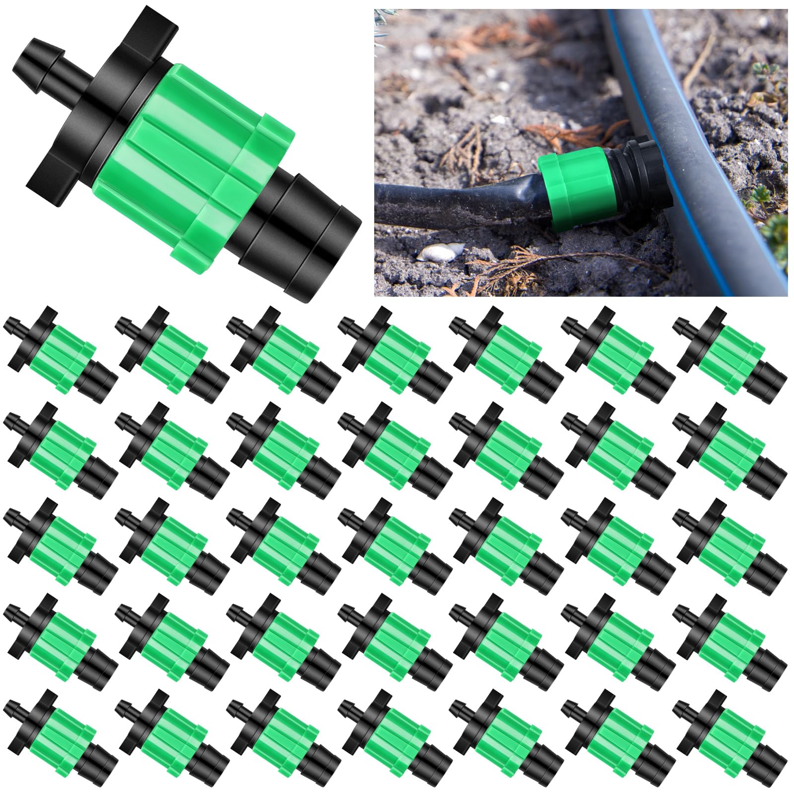 Photo 1 of Frienda 50 Pcs Drip Tape Connector Fittings, Locks 1/4" Barb for 5/8" Drip Irrigation Fitting Kit Irrigation Tubing Connectors Tools Coupling Barbed Locking Fitting (Green)