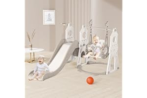 DUKE BABY 4-in-1 Toddler Slide and Swing Set with Extra Large Playground, Basketball Hoop & Climber, Indoor/Outdoor Playset, Castle Collection - Grey & White