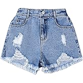 Floerns Girl's Distressed Raw Hem Elastic Waist Jean Shorts Straight Leg Denim Shorts