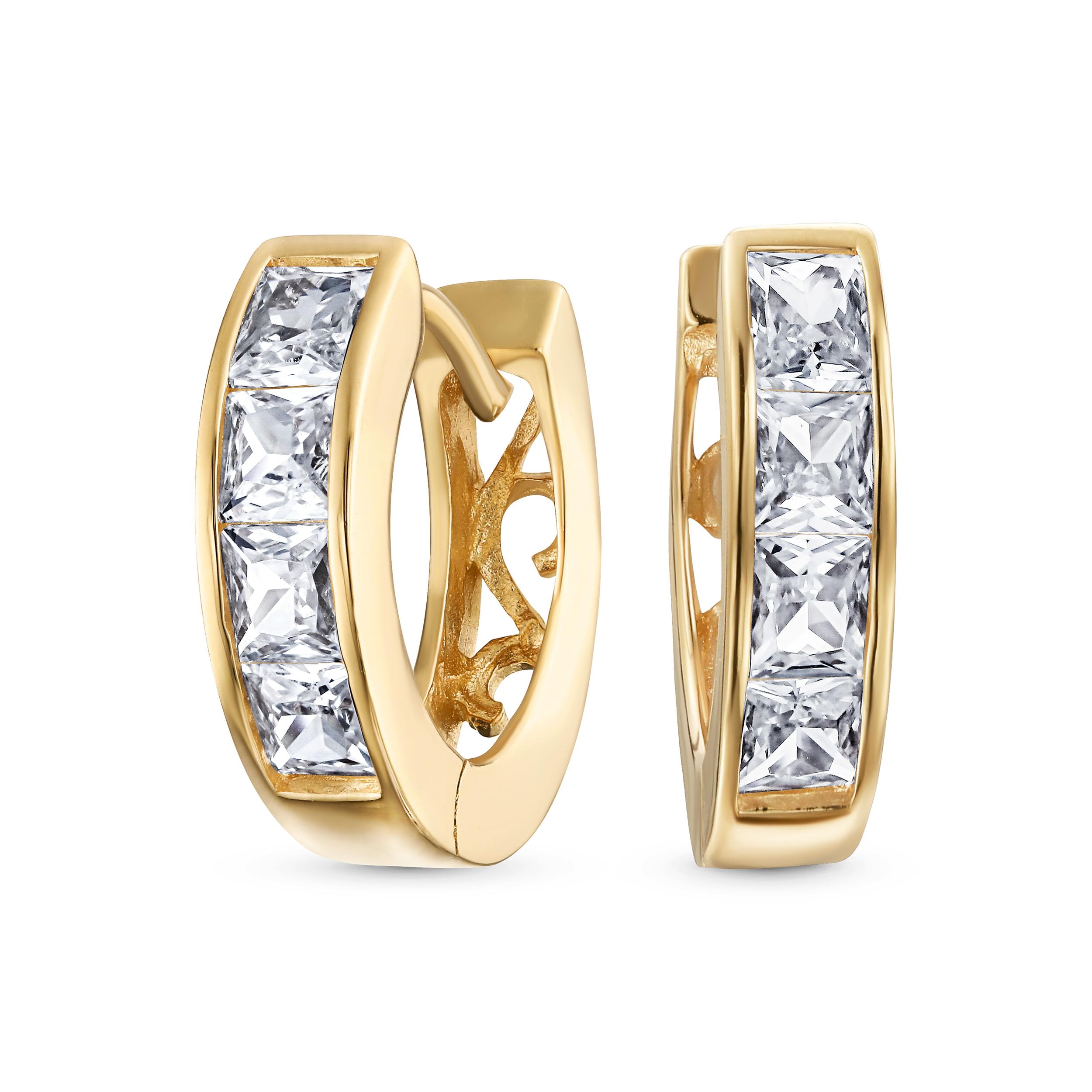 Tiny Small Square Princess Cut CZ Channel Set K-pop Huggie Hoop Earrings For Women Men Clear Cubic Zirconia Yellow 14K Gold Plated .925 Sterling Silver
