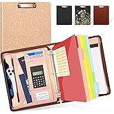 Ospelelf Clipboard with Storage, 3 Ring Binder with Zipper, Leather Padfolio Portfolio Folder, Calculator, 12.1” Tablet Sleeve, 5 Dividers with Pocket|Refillable Notepad, Card Slot (Rose Gold)