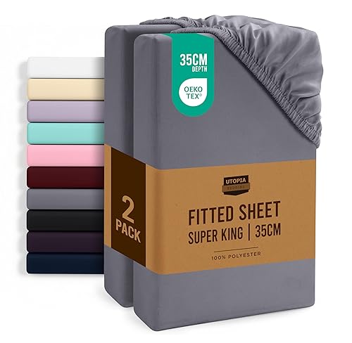 Utopia Bedding Fitted Sheet Super King (2 Pack), Grey - Deep Pocket 14 inch (35 cm) - Oeko Tex Certified - Easy Care - Soft Brushed Microfibre Fabric - Shrinkage and Fade Resistant - Bottom Sheet