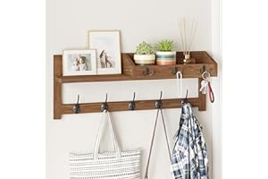 AMBIRD Wall Hooks with Shelf 26.57inch Entryway Wall Hanging Shelf Wood Coat Hooks for Wall with Shelf Coat Rack Wall Mount Rack with 5 Dual Hooks 3 Key Hooks Mail Organizer and Key Rack Key Holder