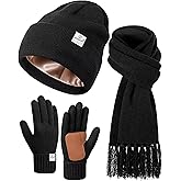 Womens Satin Lined Beanie Scarf Gloves Set, Silk Lined Winter Hats Knit Scarf Gloves, Gift Set Stocking Stuffers For Women