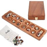 Ajuny Wooden Mancala Board Game Folding Travel Set with 80 Marbles 2 Player | Classic Counting Strategy Activity for Kids Adults Families Portable Entertainment Educational Tabletop Indoor Fun Night Play