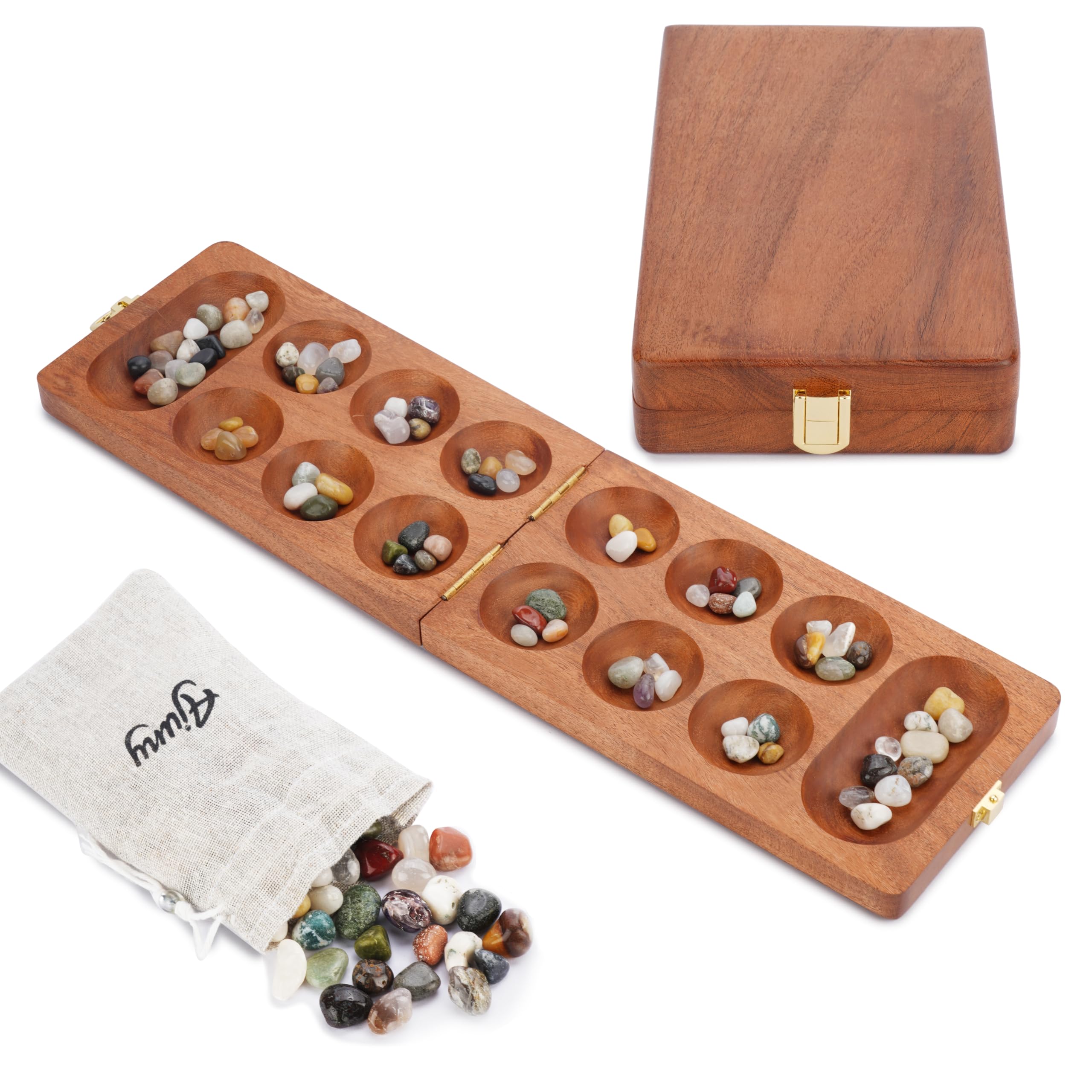 Photo 1 of Ajuny Wooden Mancala Board Game Set – Classic Board Games, Portable Folding Travel Mancala Board with Marbles (72+8 Stones), Ideal Family Wooden Games for Adults & Kids