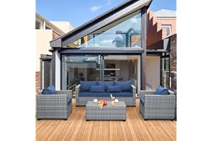 Lviden 4 Piece Wicker Patio Furniture Sets Outdoor Conversation Set PE Rattan Sectional Sofa Couch with Storage Table and Royal Blue Cushions