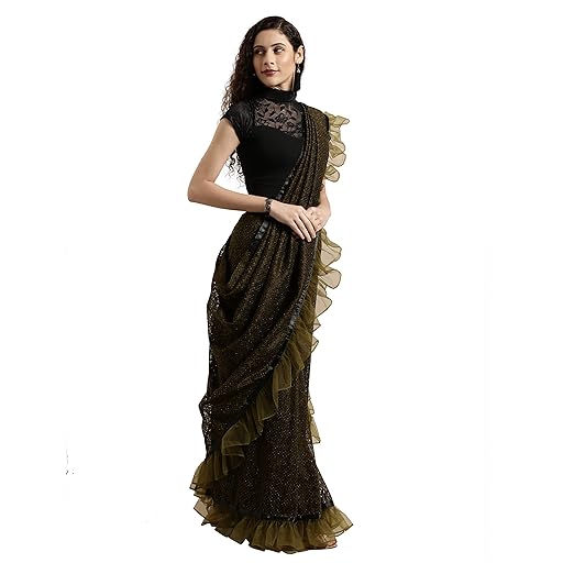 Womanista crepe with blouse piece Saree (WM1106_ Olive Green_ Onesize)