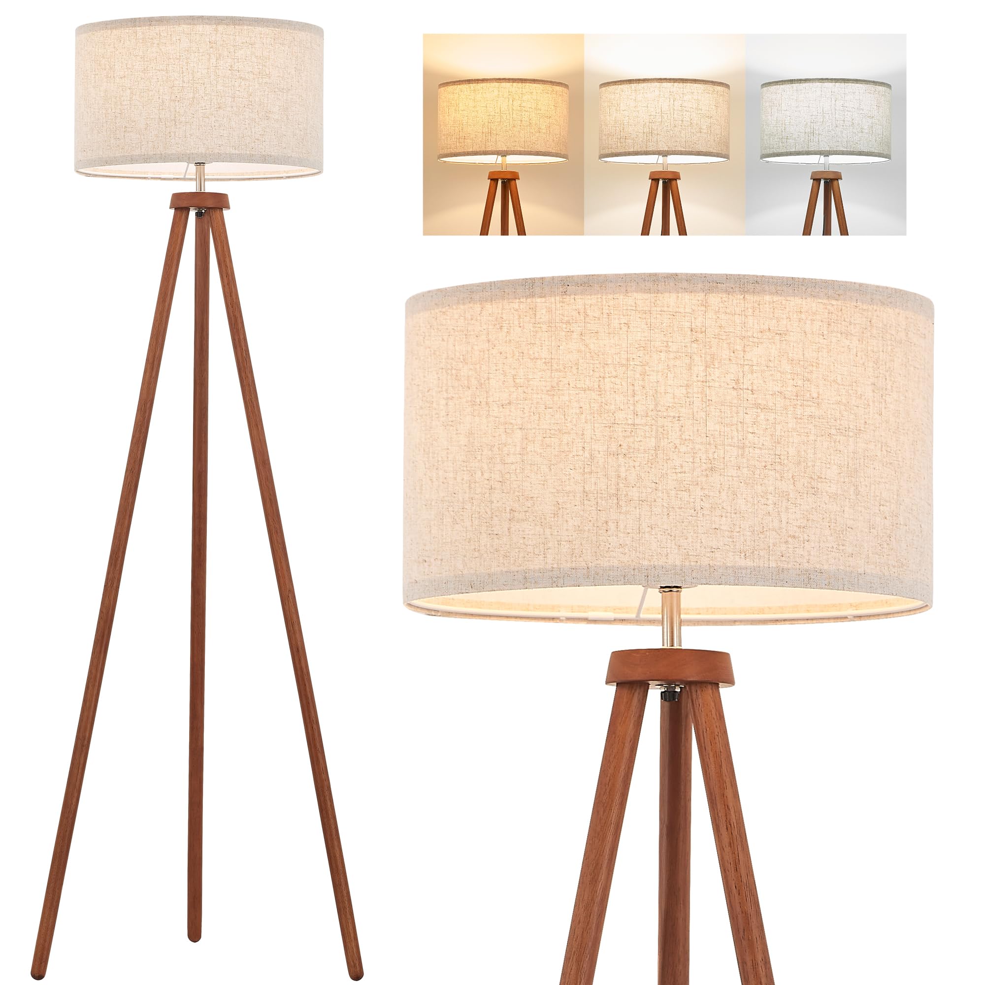 Photo 1 of ELYONA Wood Tripod Floor Lamps for Bedroom, Vintage Standing Light 3 Color Temperatures LED Bulb Included & Beige Linen Shade, Tall Floor Lamp for Living Room Office Study Room, Brown & Nickel Metal