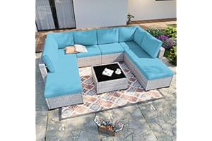 Sweecci 9-Piece Patio Furniture Set, Outdoor with Ottomans, Modular Patio Sofa, Dual-Strand Wicker Rattan, Rust-Resistant Frame, Backyard Furniture for Garden, Deck, Lake Blue