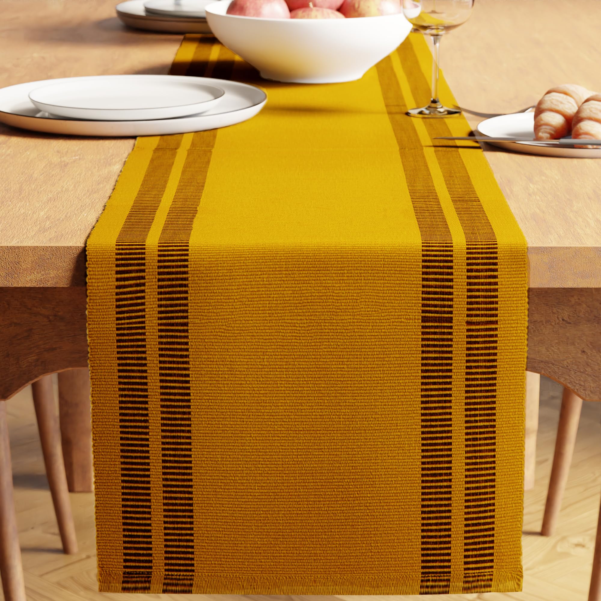 Encasa XO Dining Table Runner 32x240 cm | Yarn Dyed Fine Ribbed Cotton | Ladder Yellow | Machine Washable