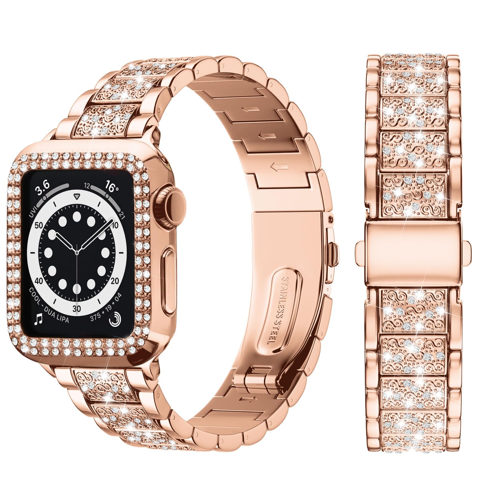 wutwuk Compatible Apple Watch Straps 44mm for Women & Girls Metal Sparkling iWatch band & Bling Case, Replacement Rhinestone Glitter Wristband for Apple Watch SE3/2/1 Series 6 5 4 - Rose Gold 44mm