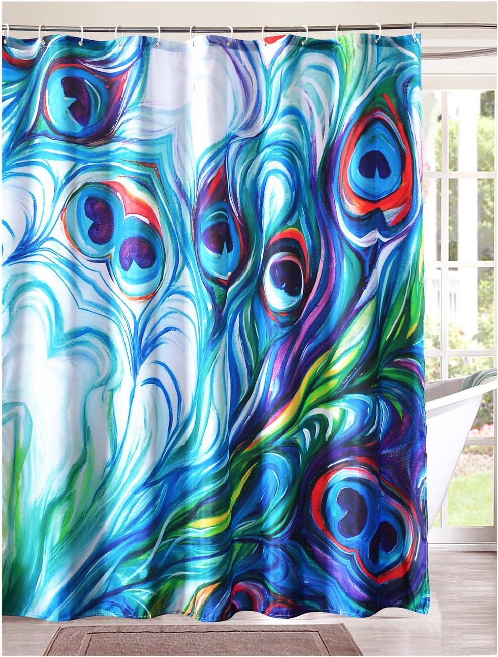 LanMeng Fabric Shower Curtain, Flawless Peacock Feathers Watercolor Painting, Multicolor Blue Red Green Purple (72-by-78 inches, 7)