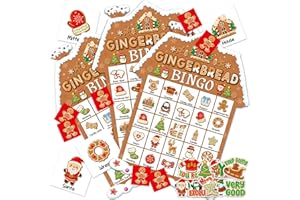 LONFLINESS 39Pcs Christmas Gingerbread Themed Bingo Game for Kids Adults 24 Players Christmas Baking Game Cards with Reward Stickers for Family Friends Students Large Group Activities Winter Holiday Party Favors