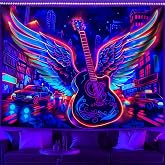 TUGCAY Blacklight Guitar Wing Tapestry UV Reactive Rock Music Tapestry Punk City Car Building Street Wall Hanging Tapestries for Bedroom Dorm Living Room Decor 50" X 60"