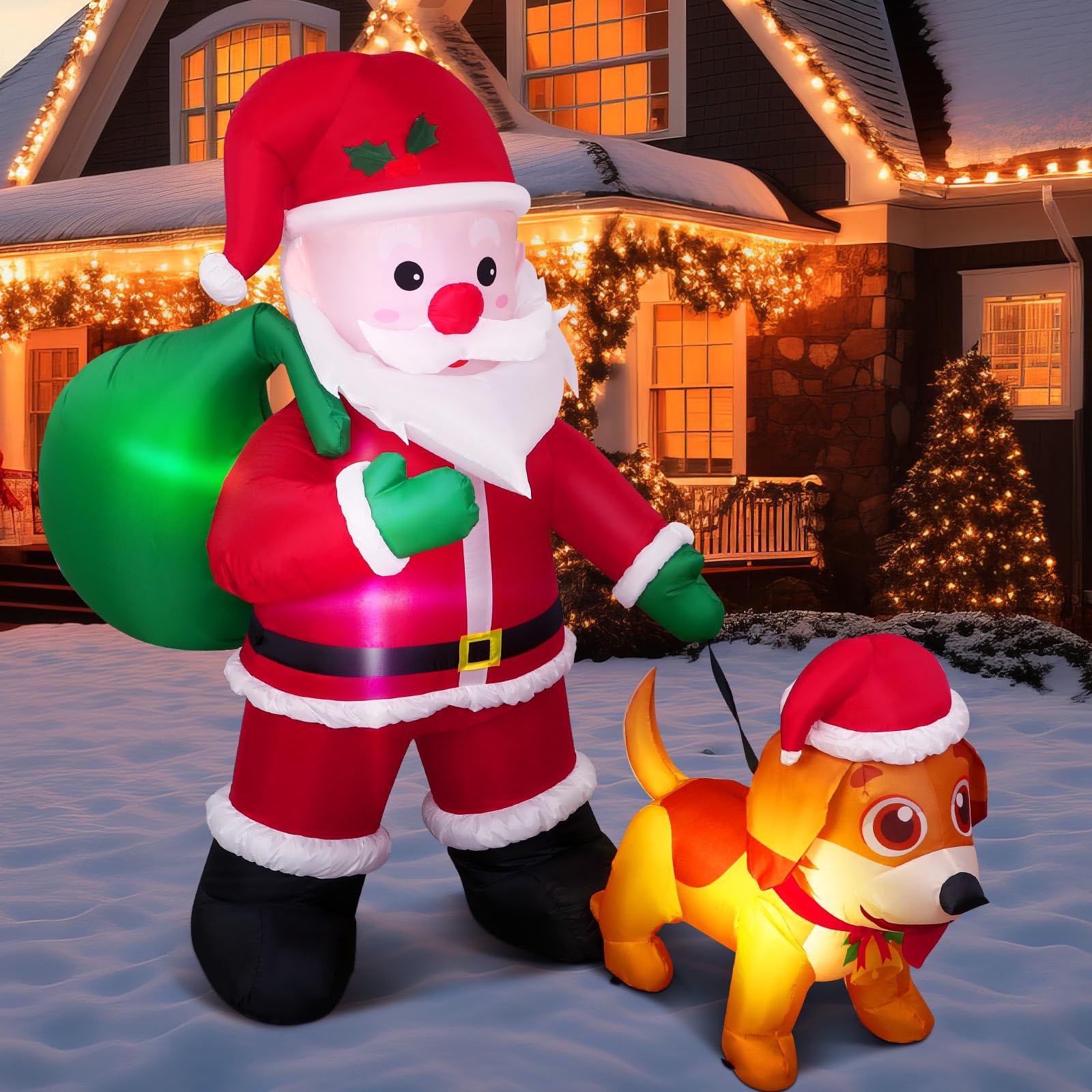 Photo 1 of Leyndo 6 FT Christmas Inflatable Santa Claus Outdoor with a Gift Bag and a Dog Blow Up Decoration with LED Lights Cute Xmas for Holiday Party Yard Garden Lawn Decor