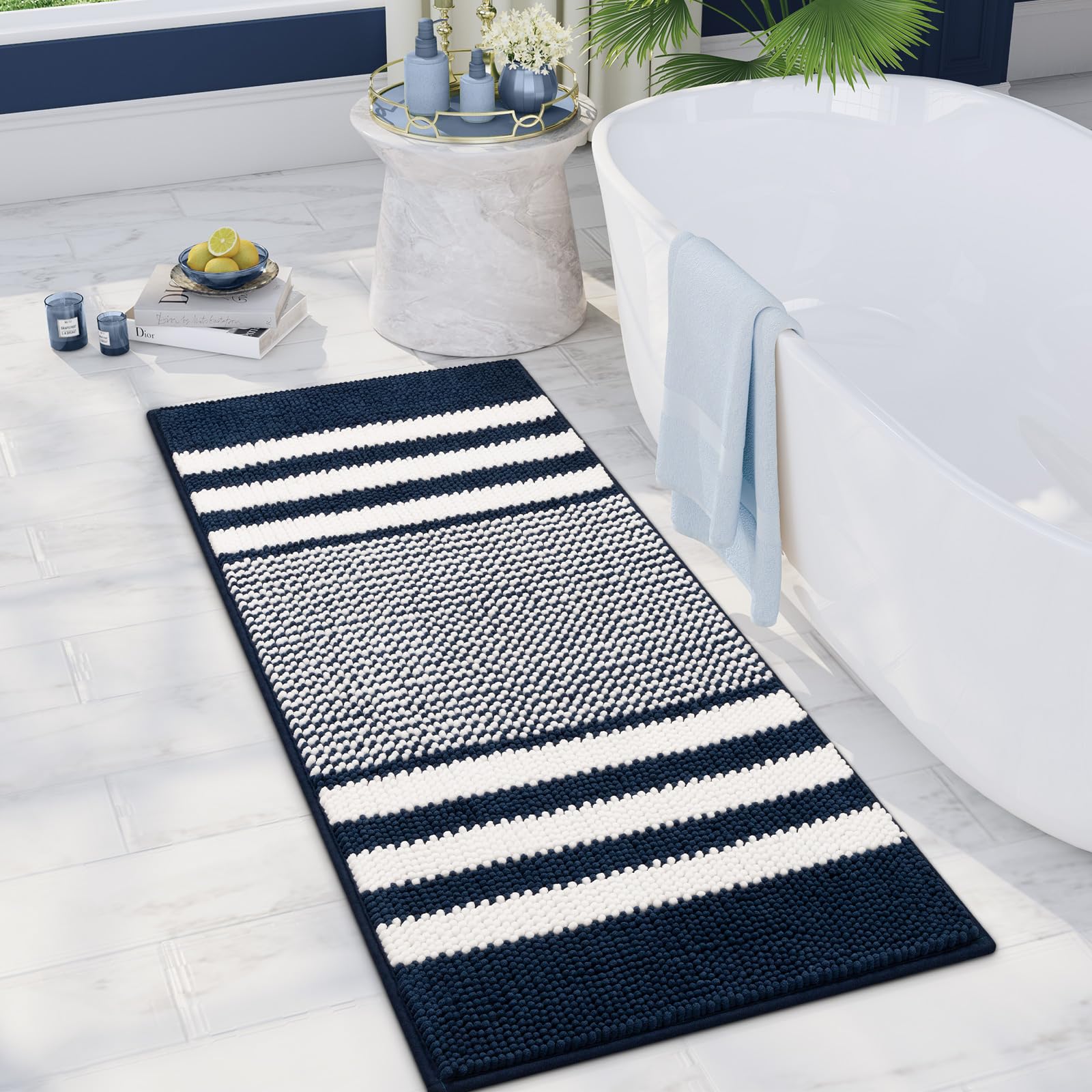 Biscpro Bath Mat Rug Extra Soft and Absorbent Fluffy Striped Chenille,Non Slip Shaggy Bathroom Floor Mat,Machine Washable (Navy Blue, 50 x 120 cm)
