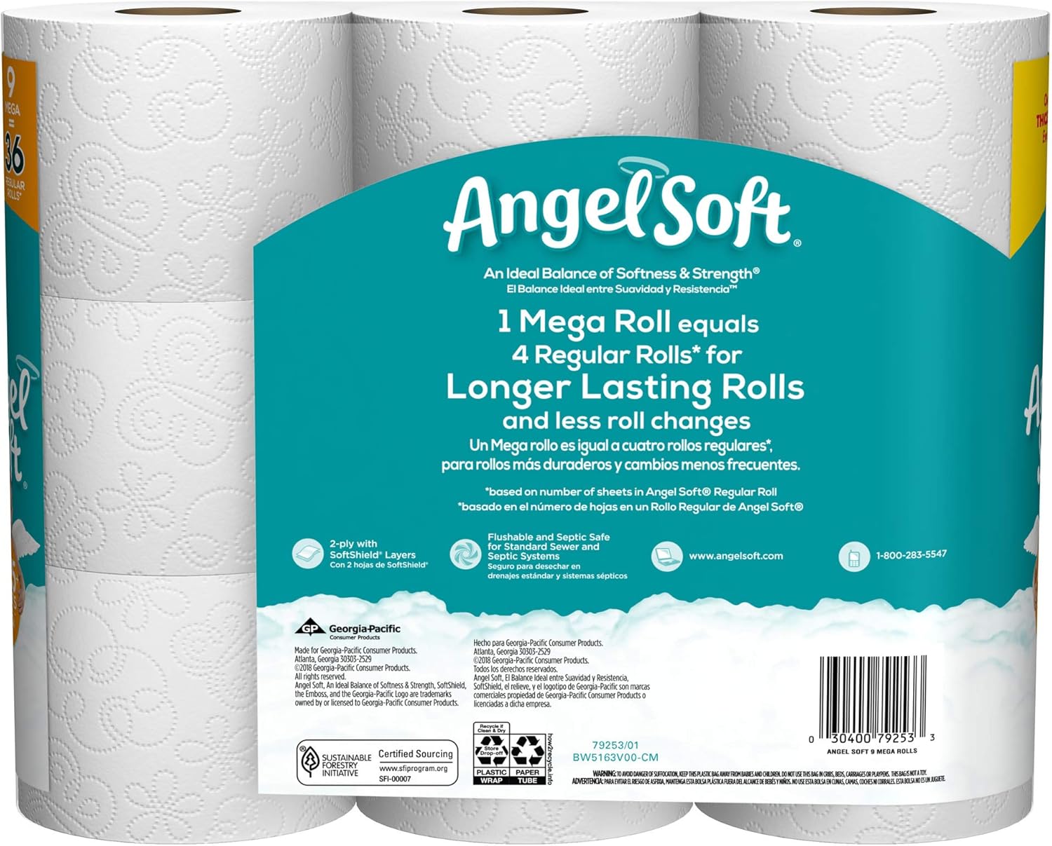 Angel Soft Toilet Paper, 36 Mega Rolls, 36 = 144 Regular Rolls, Bath Tissue, 4 Packs of 9 Rolls: Health & Personal Care