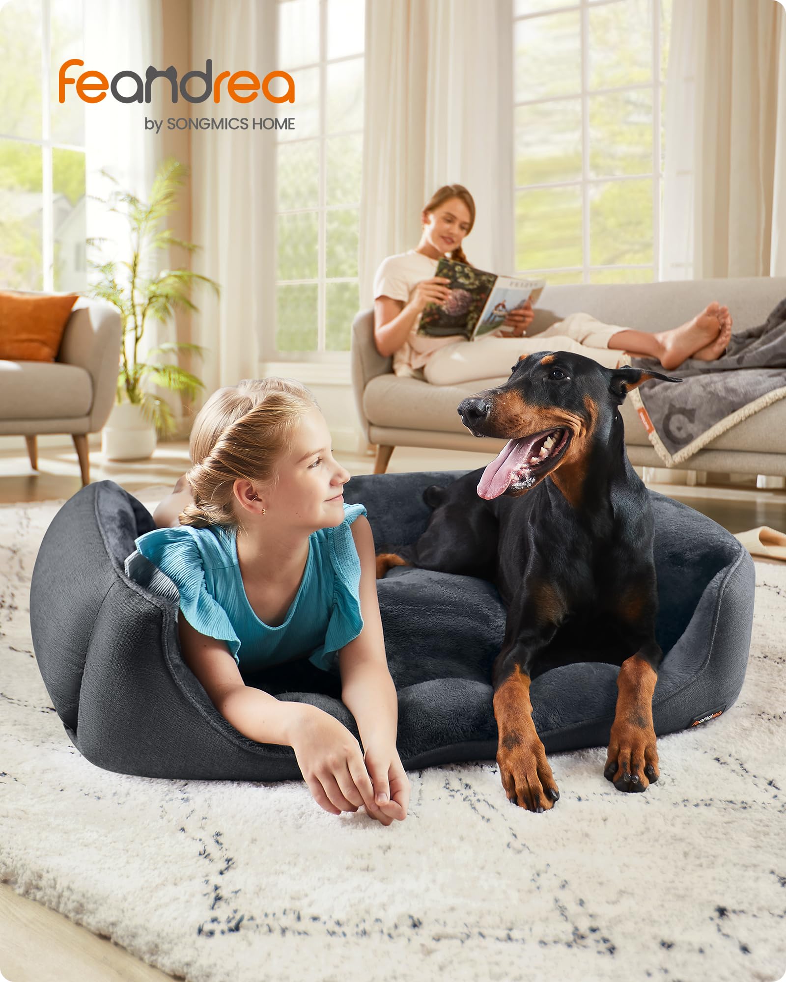 Feandrea Hundebett, Hundekissen in Leinenoptik, Hundekorb, erhöhte Ränder, rutschfeste Unterseite, Bezug abnehmbar waschbar, XXL, für extra große Hunde, 120 x 90 x 30 cm, dunkelgrau PGW013G01 2