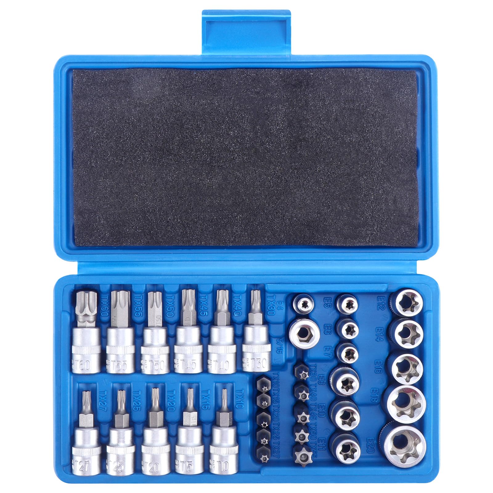 Faankiton 34PCS Torx Bit Socket Set, E Star Socket Set, Including 12PCS E4-E20 Nuts, 11PCS T10-T60, 10PCS T10-T55 Torx Bits and 1PC Adapter