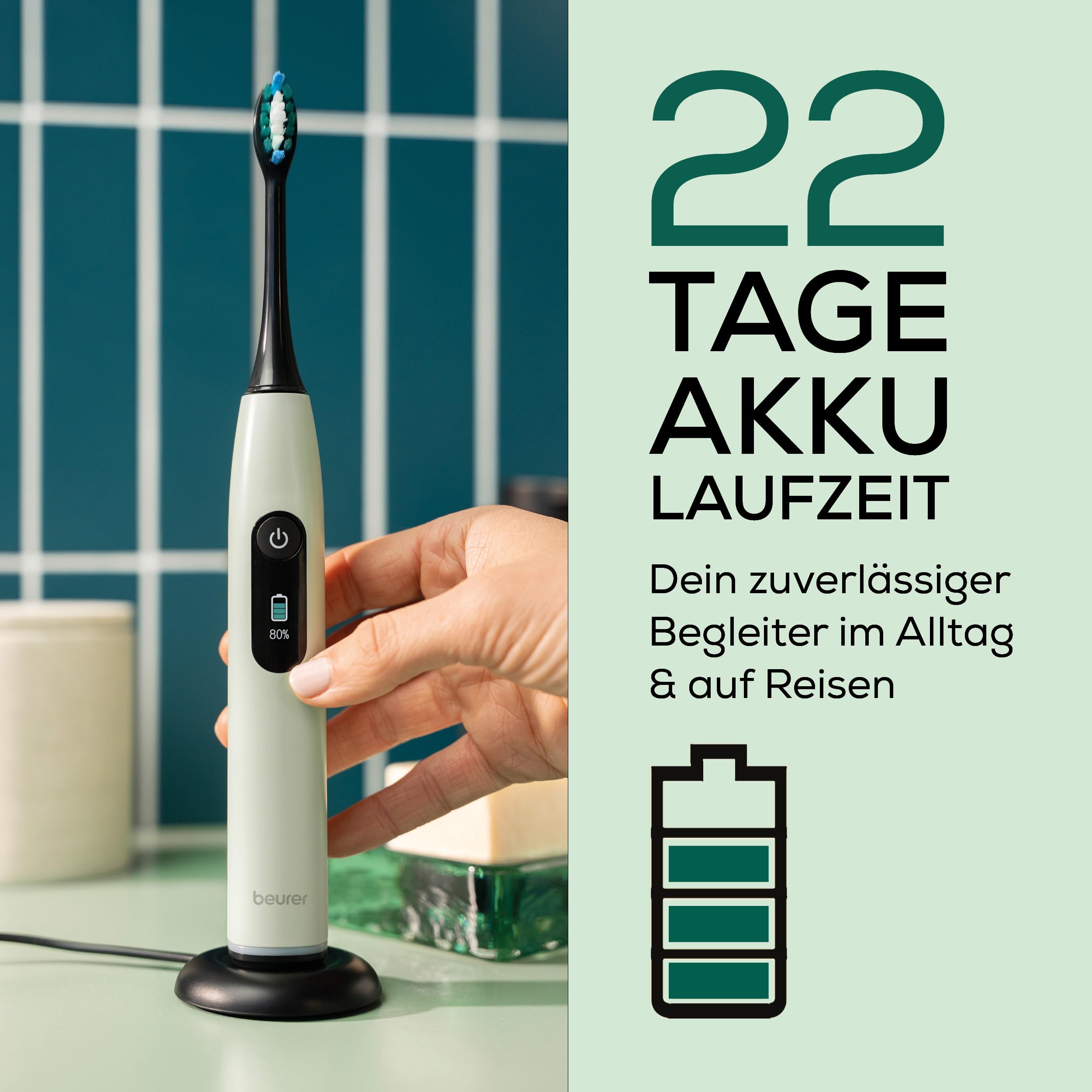 Beurer SC 50 Schallzahnbürste, elektrische Zahnbürste mit 5 Putzmodi & Andrucksensor, 80.000 Schwingungen, Display mit Putzdauer-Anzeige, inkl. 2 Aufsteckbürsten, 100% recyceltes Gehäuse (Peppermint) 4