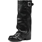 AMINUGAL Fold Over Knee High Boots Women Chunky Block Heel Festival Trendy Casual Round Toe Buckle Tall Slouchy Boots for Women Motorcycle Riding Rave Club Pull on Y2K Long boots
