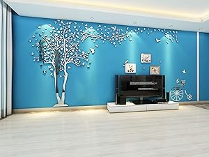KINBEDY Acrylic 3D Tree Wall Stickers Wall Decal Easy to Install &Apply DIY Decor Sticker Home Art Decor. Silver Tree with Frames Left, Large.